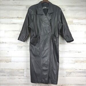 Vintage 80s Winlit Black Genuine Leather Trench Coat Midi Length Womens Size M‎